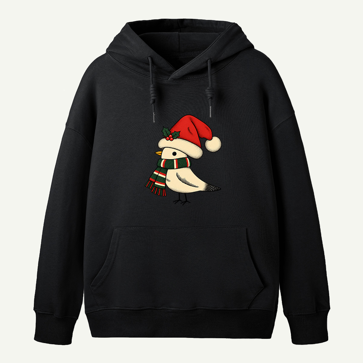 Cute Winter Bird Wearing Santa Hat And Striped Christmas Scarf Hoodie
