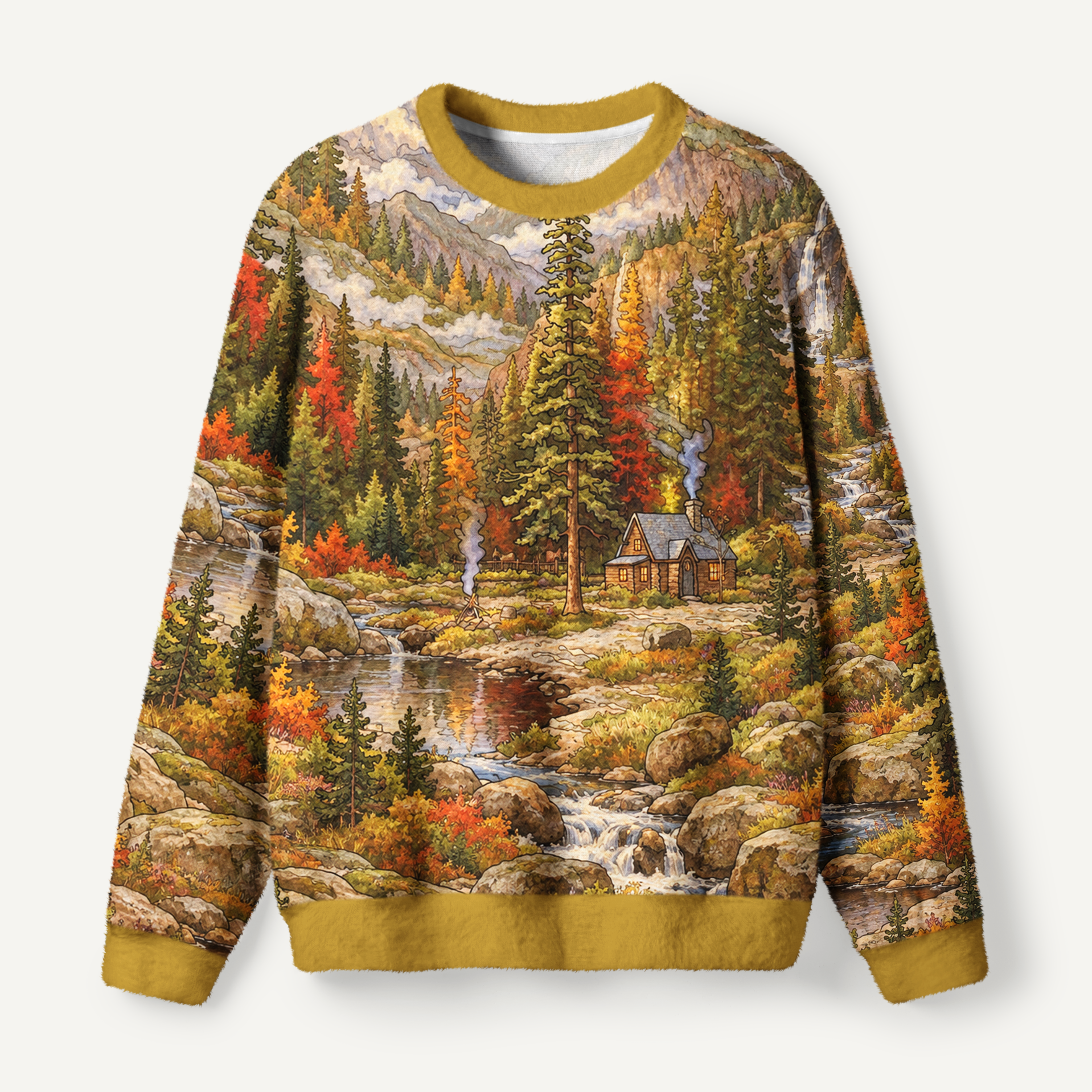 Autumn Mountain Cabin Forest Creek Vintage Landscape Ugly Fuzzy Fleece Sweatshirt