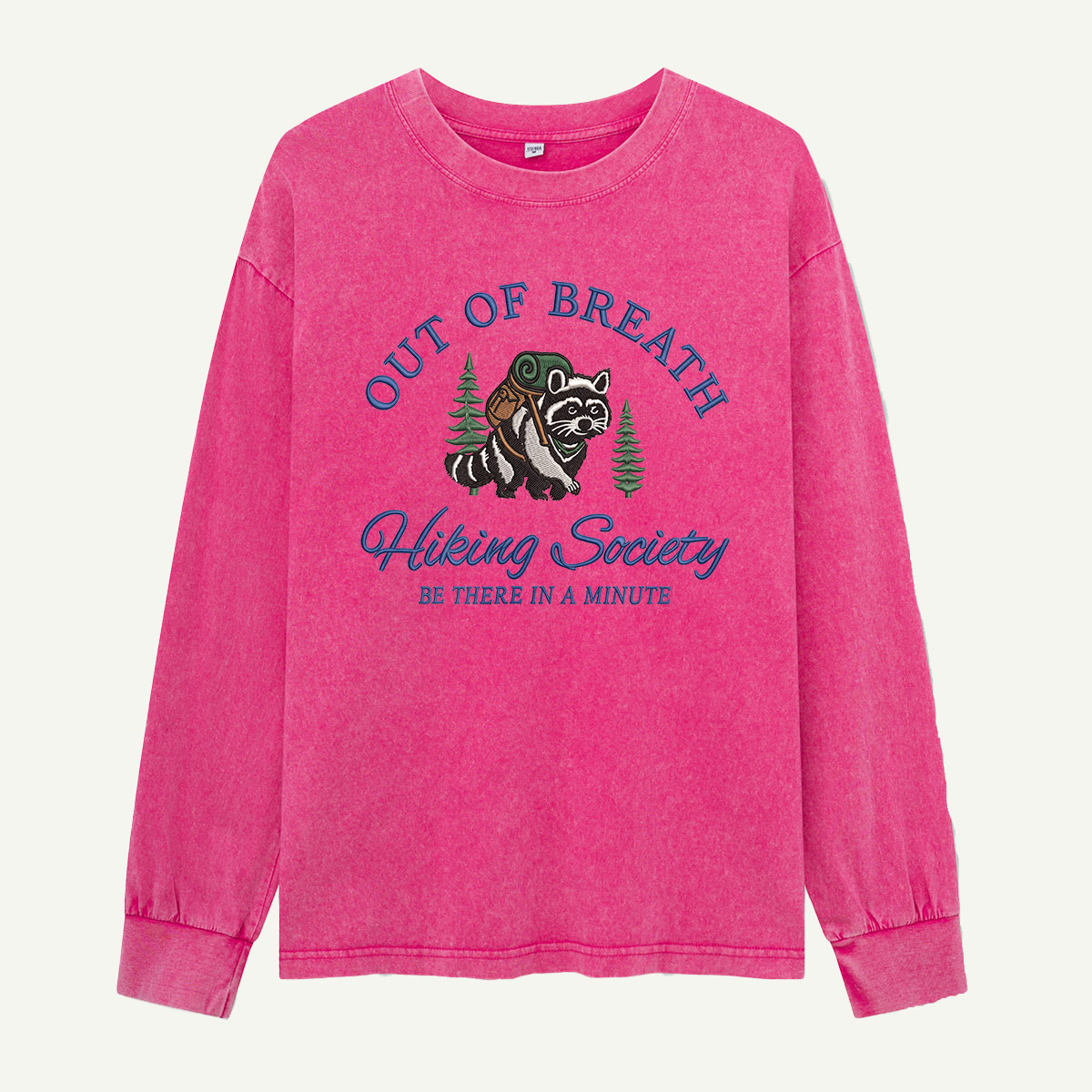 Out of Breath Raccoon Hiking Society Embroidered Washed Long Sleeves