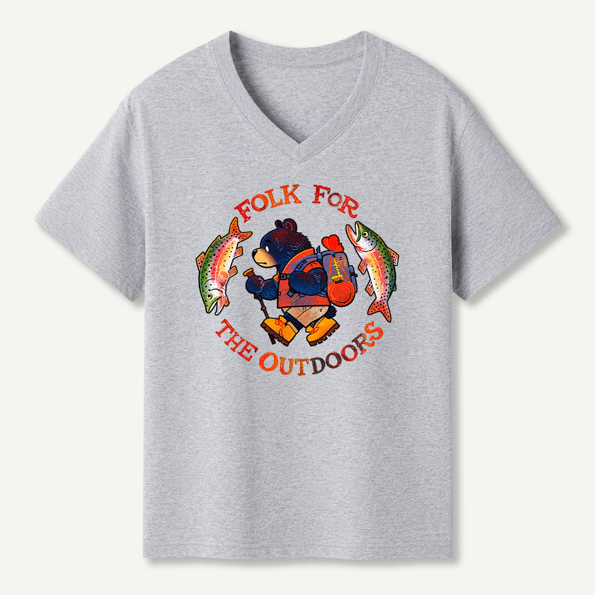 Folk For The Outdoors Bear Fishing Adventure Graphic V-neck T-Shirt