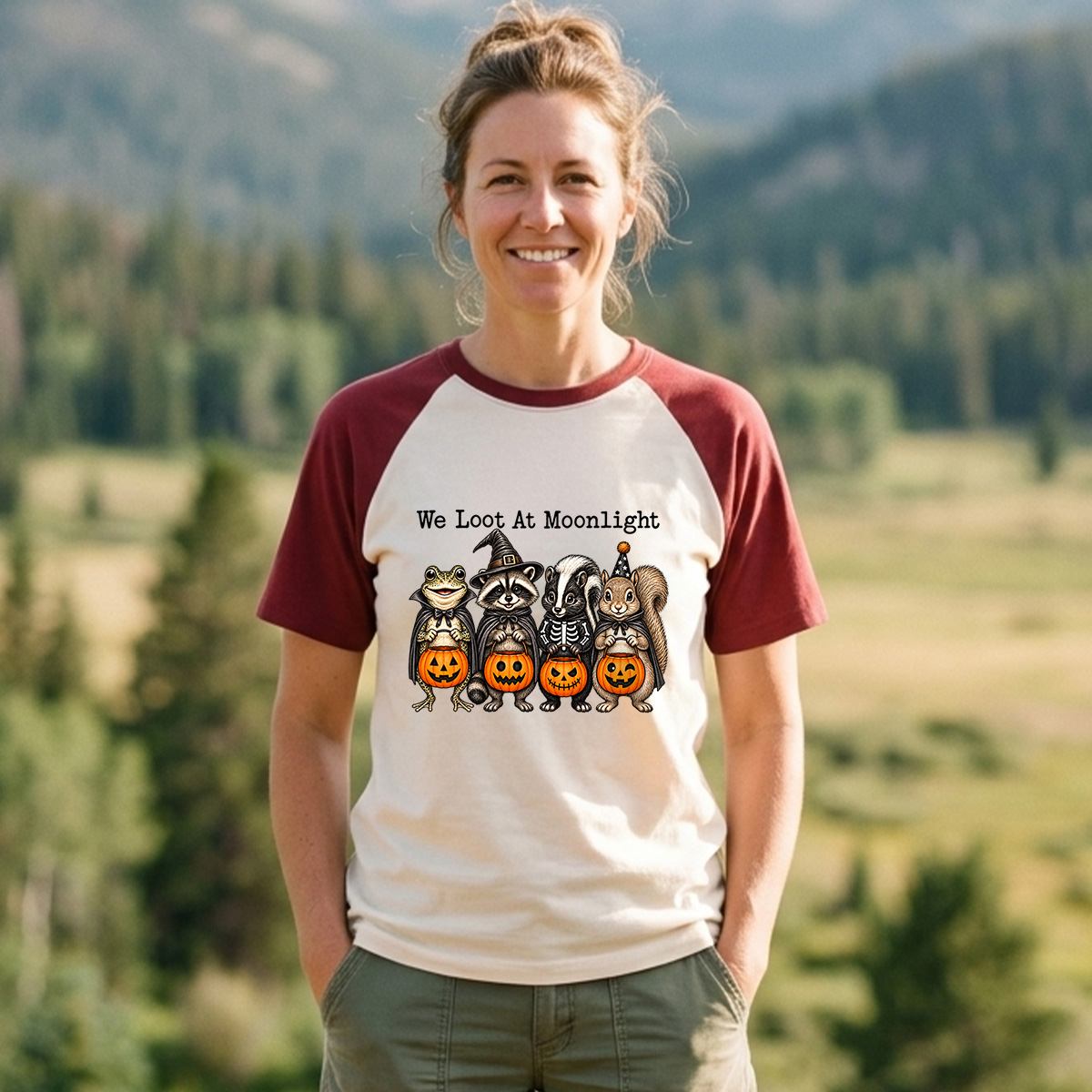 We Loot At Moonlight Spooky Woodland Animals Raglan T-Shirt