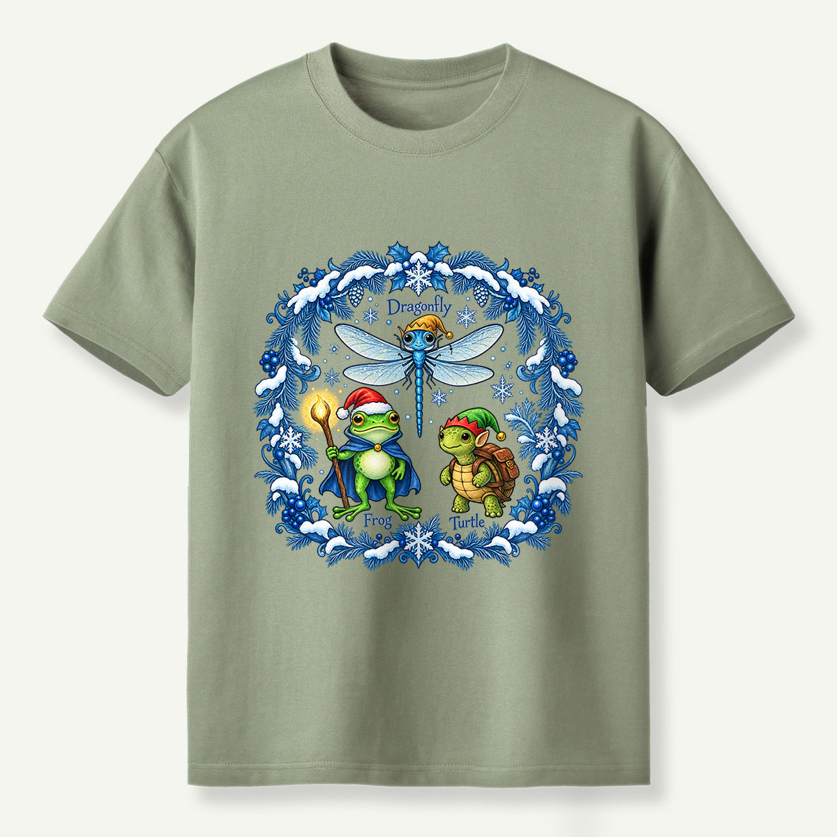 Fantasy Winter Forest Dragonfly Frog And Turtle Companions T-Shirt