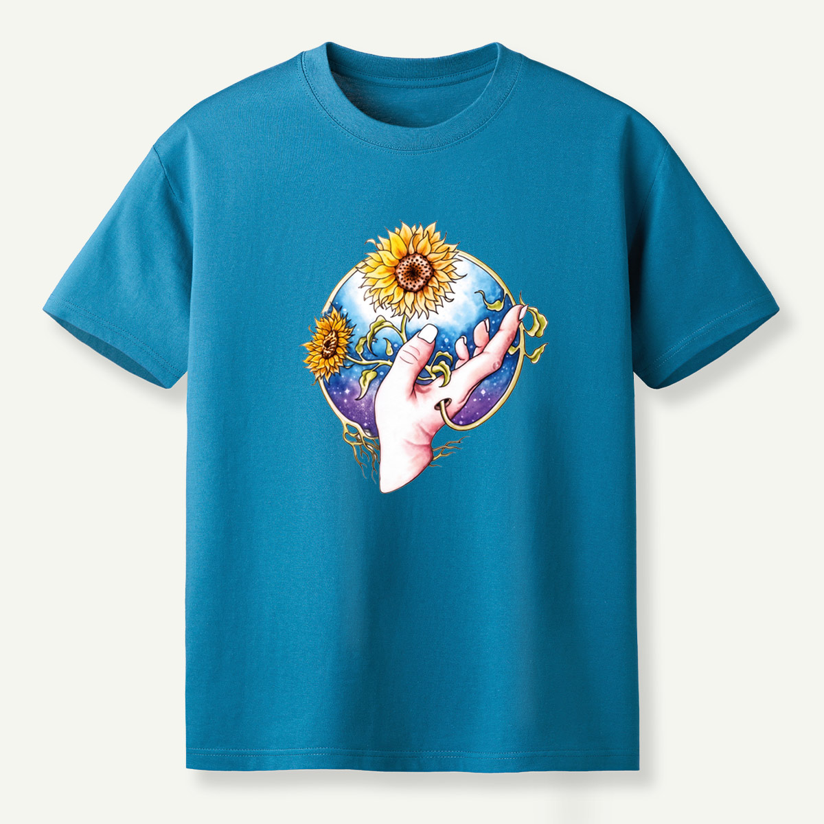 Sunflower Hand Galaxy Botanical Illustration T-Shirt