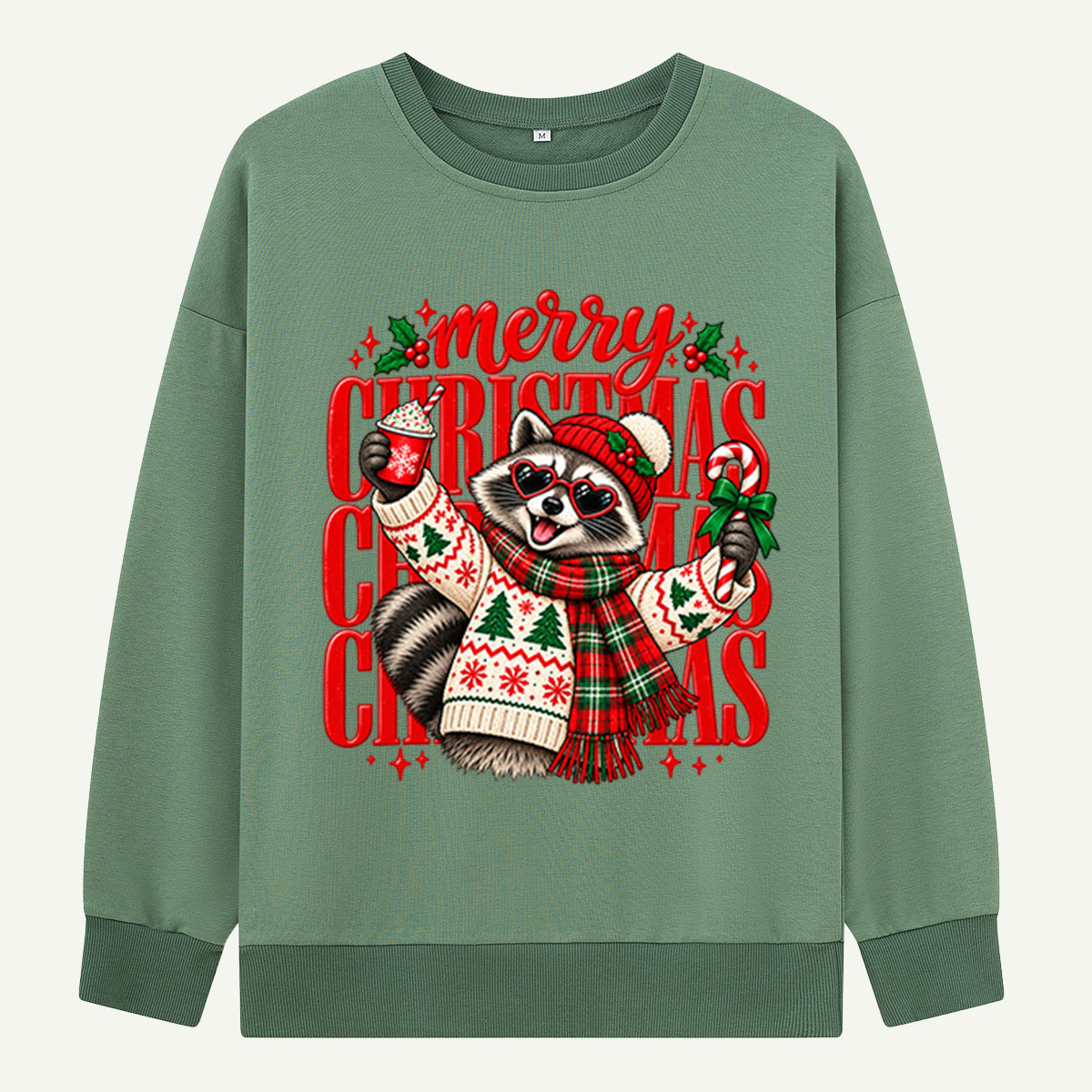 Merry Christmas Raccoon In Heart Sunglasses And Cozy Sweater Sweatshirts