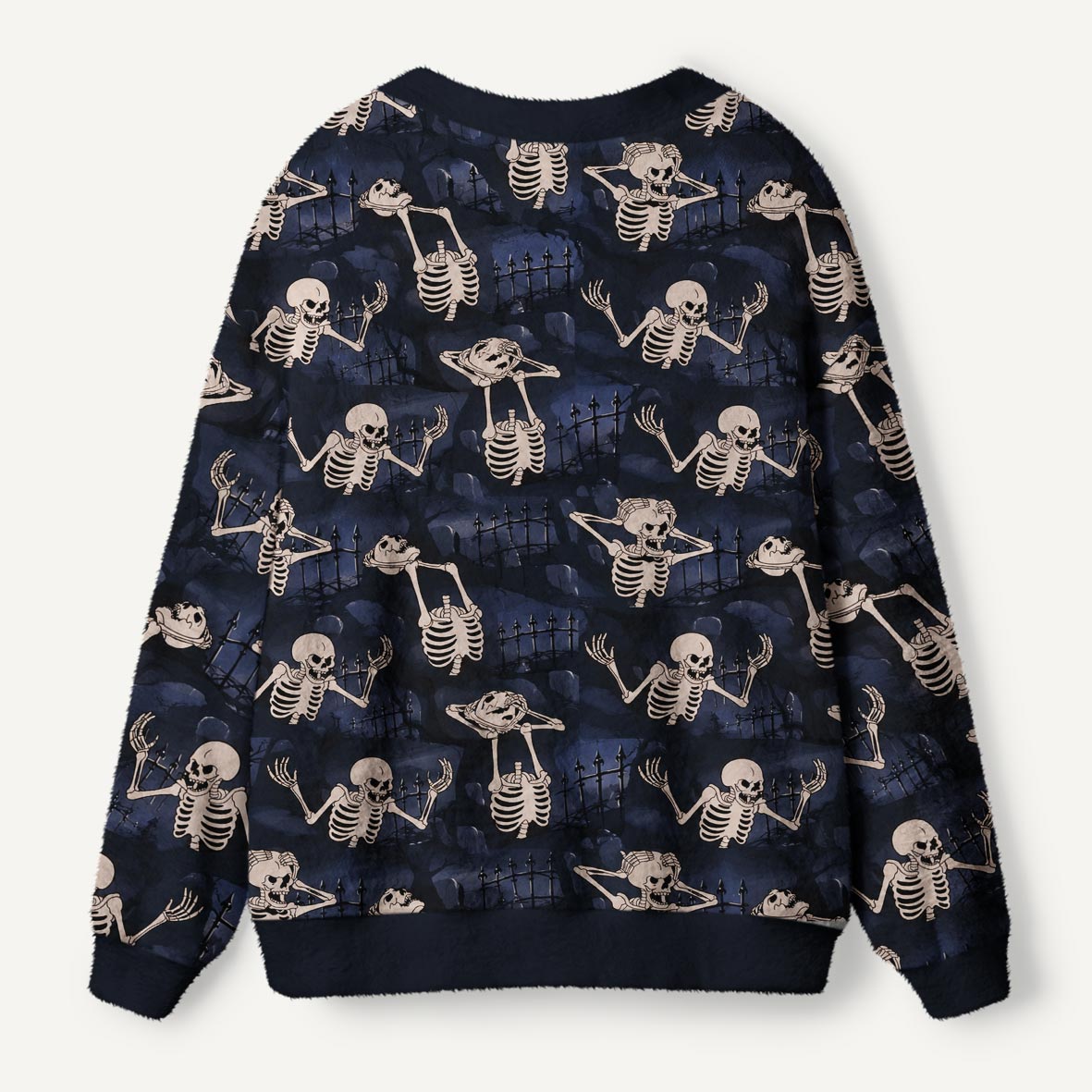 Frustrated Skeleton Three Panel Vintage Horror Cartoon Ugly Cardigan Sweaters