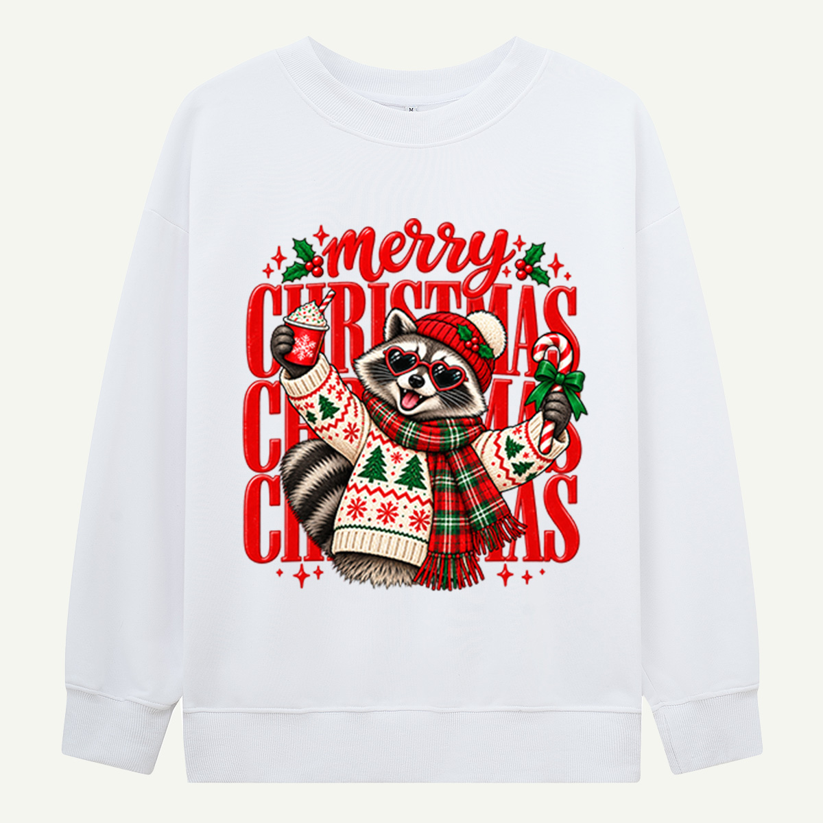 Merry Christmas Raccoon In Heart Sunglasses And Cozy Sweater Sweatshirts