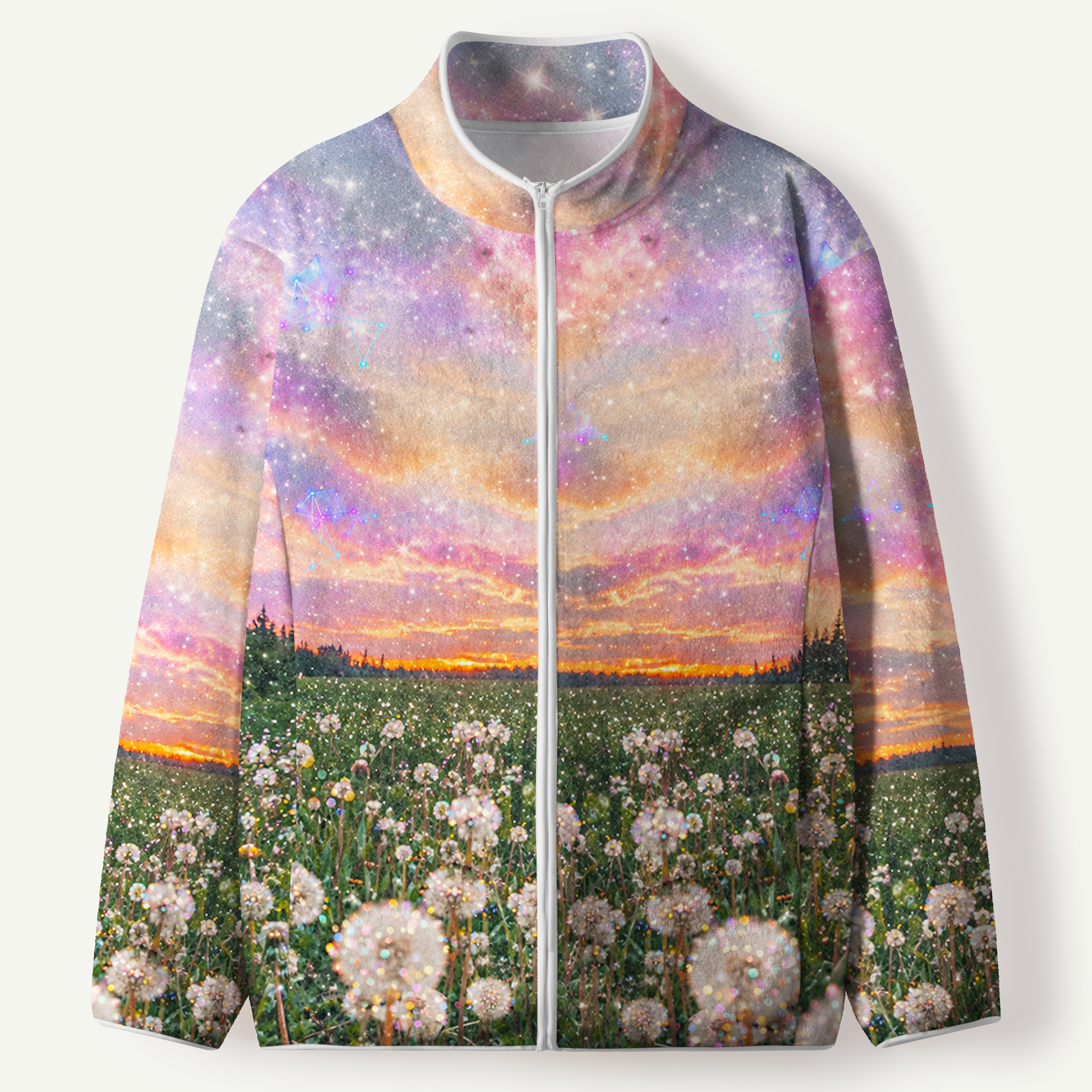Sparkling Dandelion Cosmic Meadow Women's Flannel Zip Front Cardigan