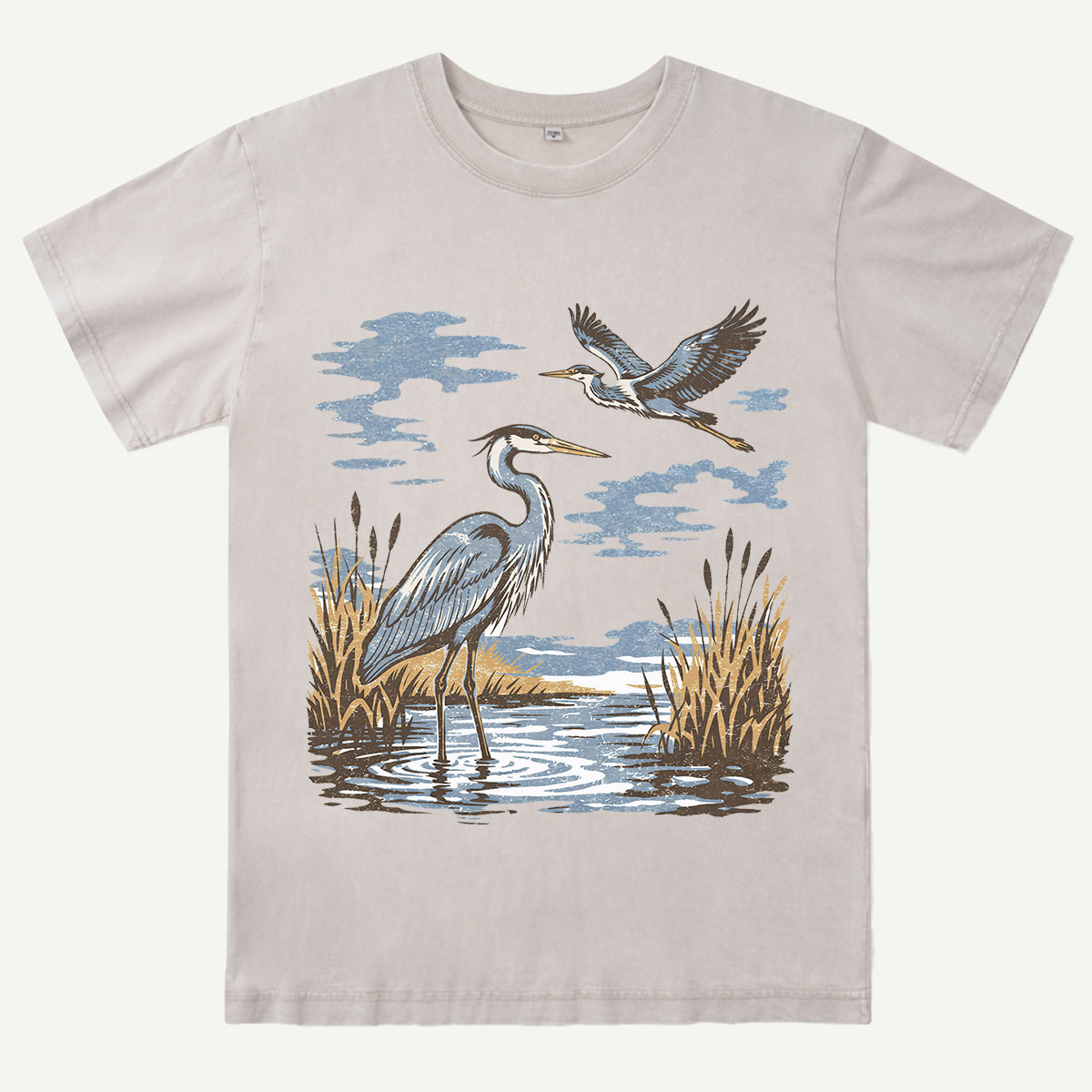 Vintage Heron Wetland Bird Nature Washed T-Shirt