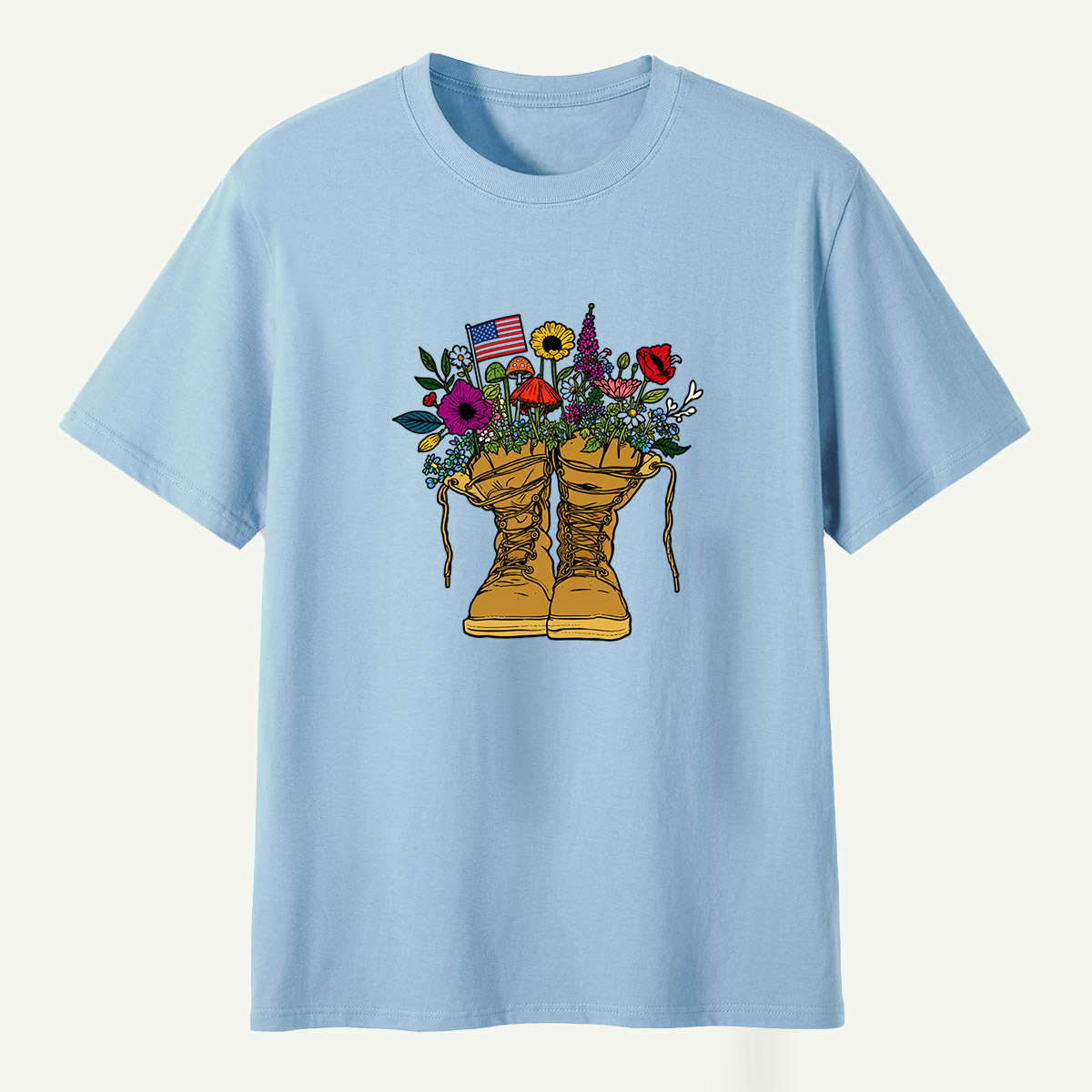 American Flag Combat Boots Wildflower Mushroom Garden T-Shirt