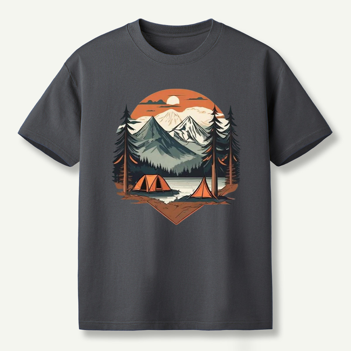 Sunset Mountain Lake Pine Forest Camping T-Shirt