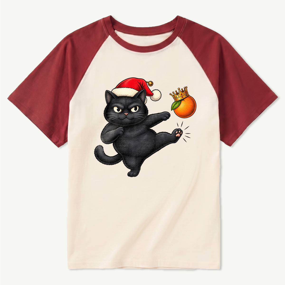 Santa Black Cat Kicking A Crowned Orange Raglan T-Shirt