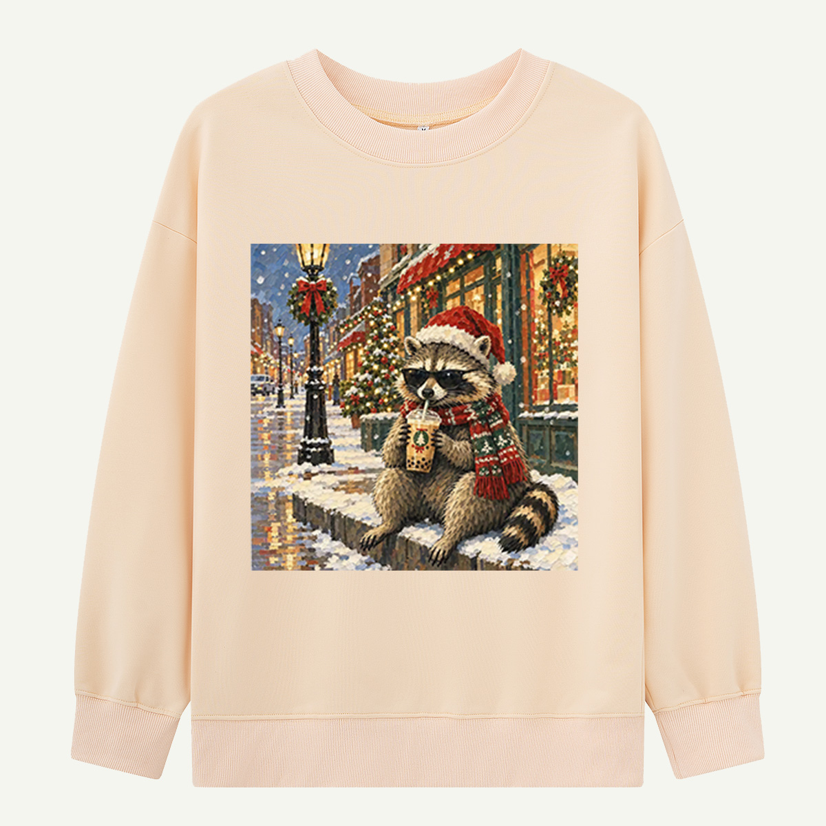 Cool Christmas Raccoon Drinking Boba On A Snowy Street Sweatshirts