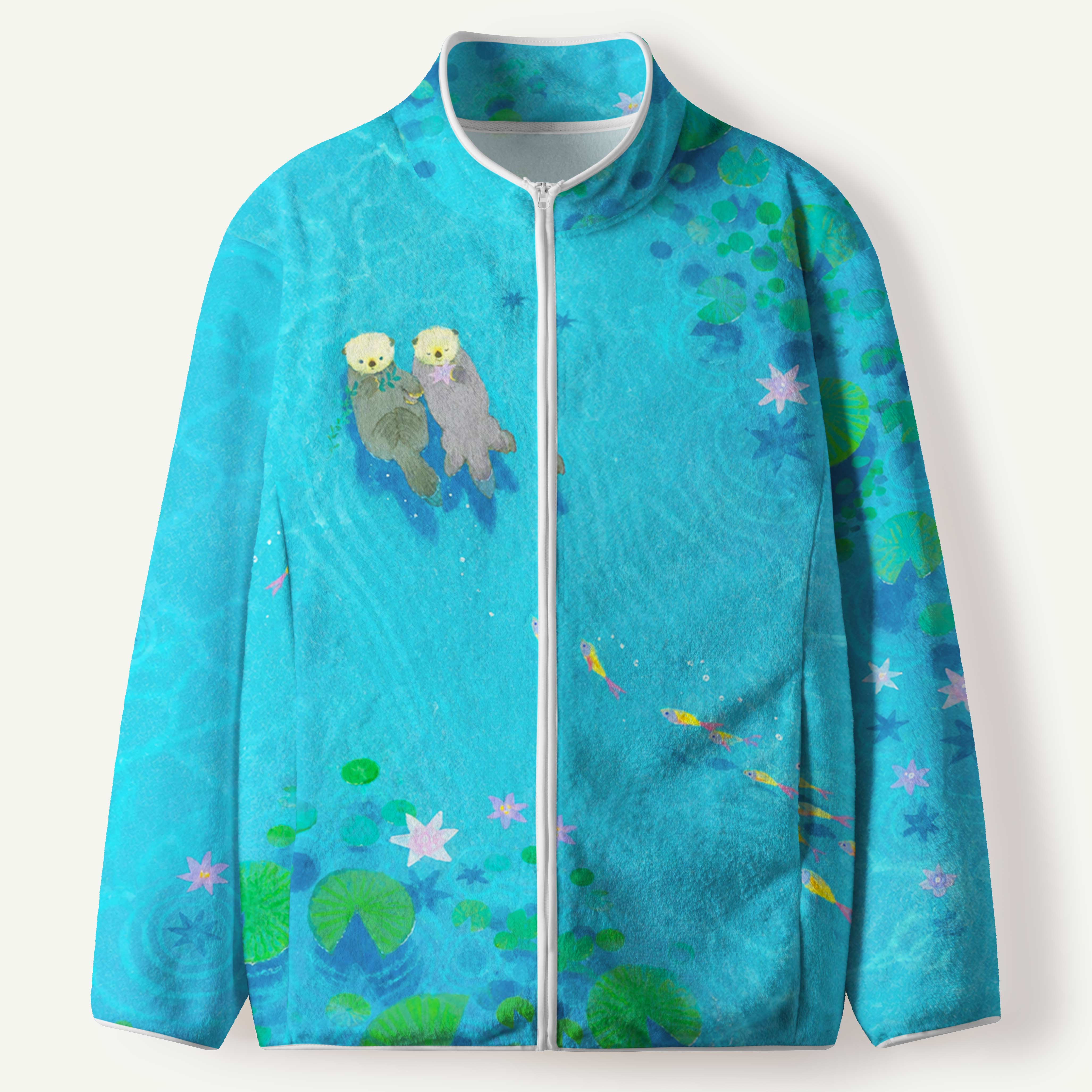 Sea Otters In Water Lily Pond Men's Flannel Zip Front Cardigan