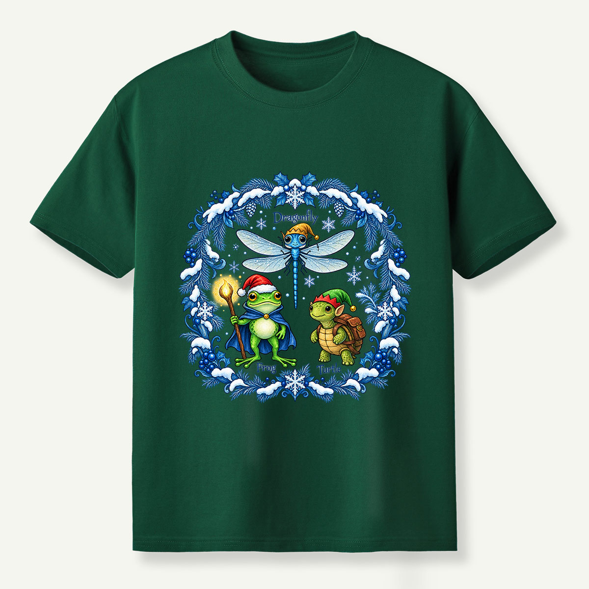 Fantasy Winter Forest Dragonfly Frog And Turtle Companions T-Shirt