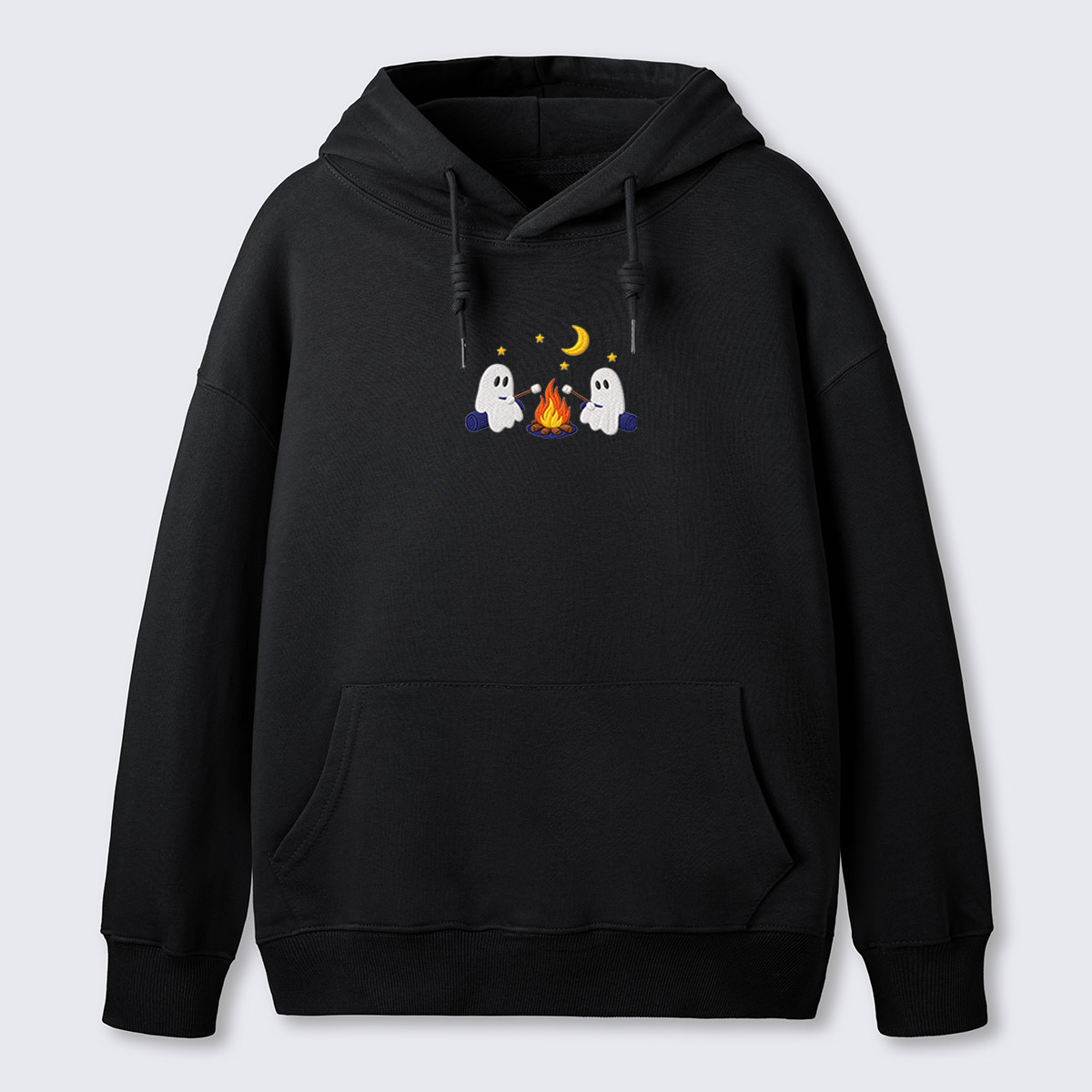 Ghost Campfire Under Moon Embroidered Hoodie