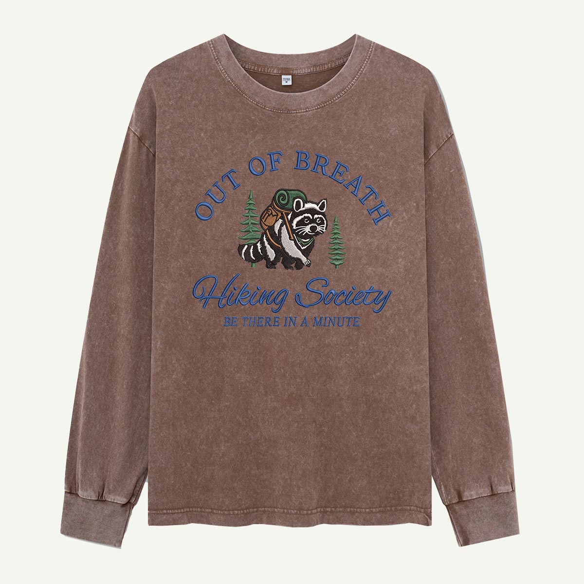 Out of Breath Raccoon Hiking Society Embroidered Washed Long Sleeves
