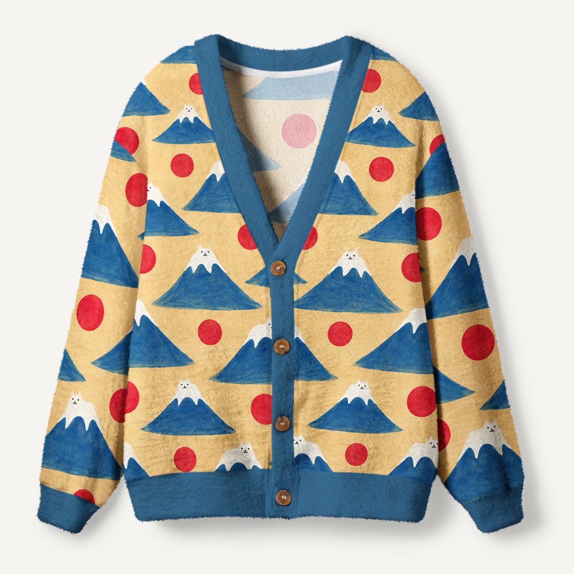 White Cat On Mount Fuji Under The Red Sun Ugly Cardigan Sweaters