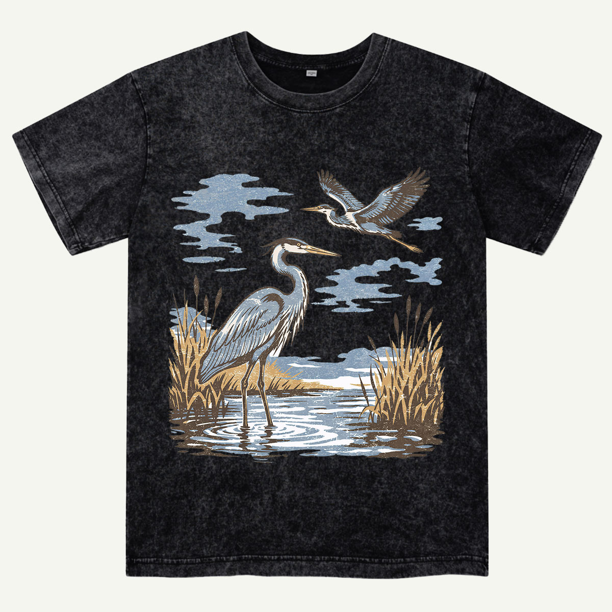 Vintage Heron Wetland Bird Nature Washed T-Shirt
