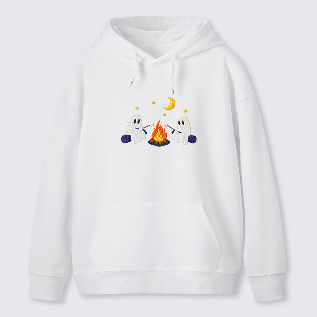 Ghost Campfire Under Moon Embroidered Cotton Hoodie