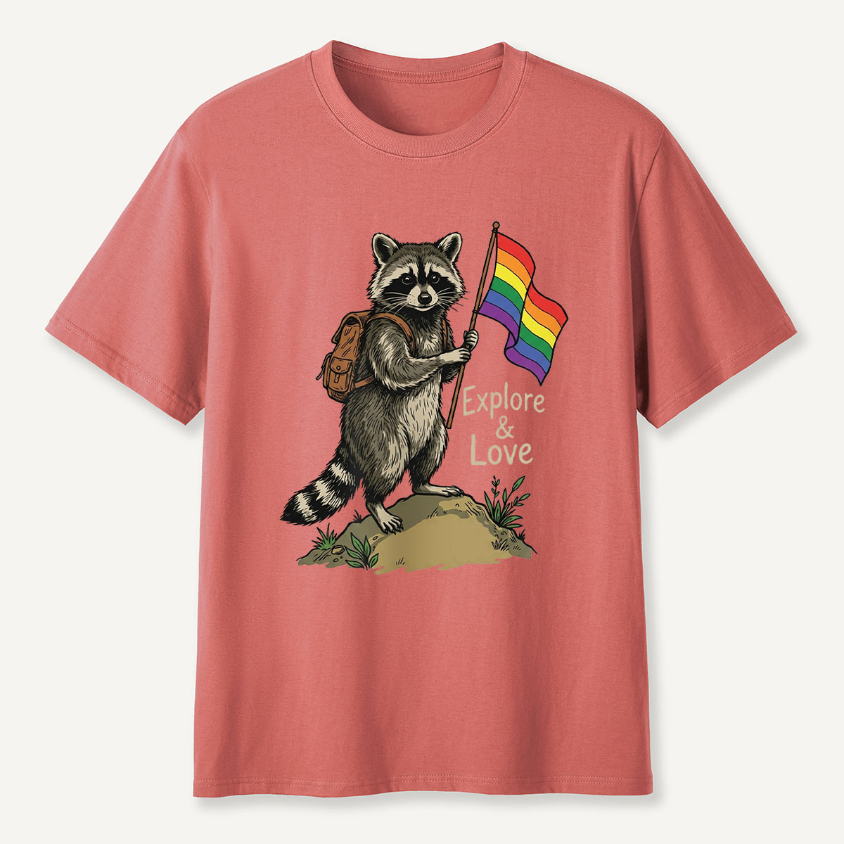 Raccoon Holding Rainbow Flag Explore and Love T-Shirt
