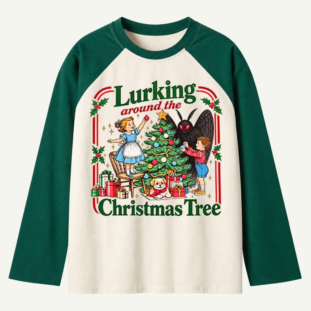 Lurking Around The Christmas Tree Mothman Holiday Mischief Raglan Long Sleeves