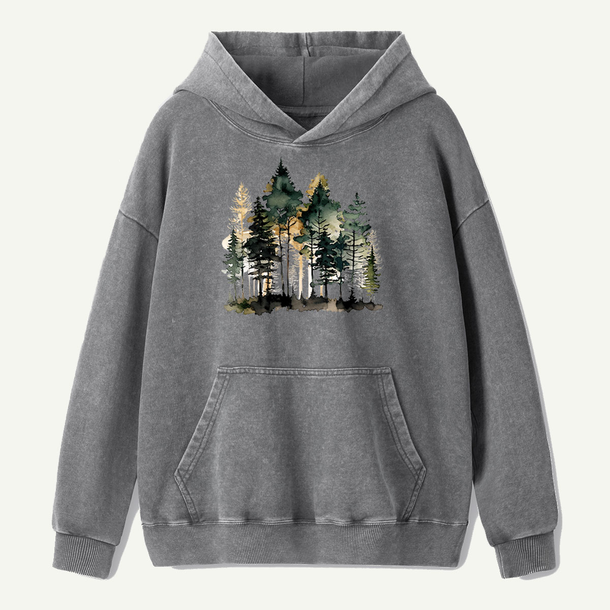 Watercolor Pine Forest Landscape Washed Hoodie