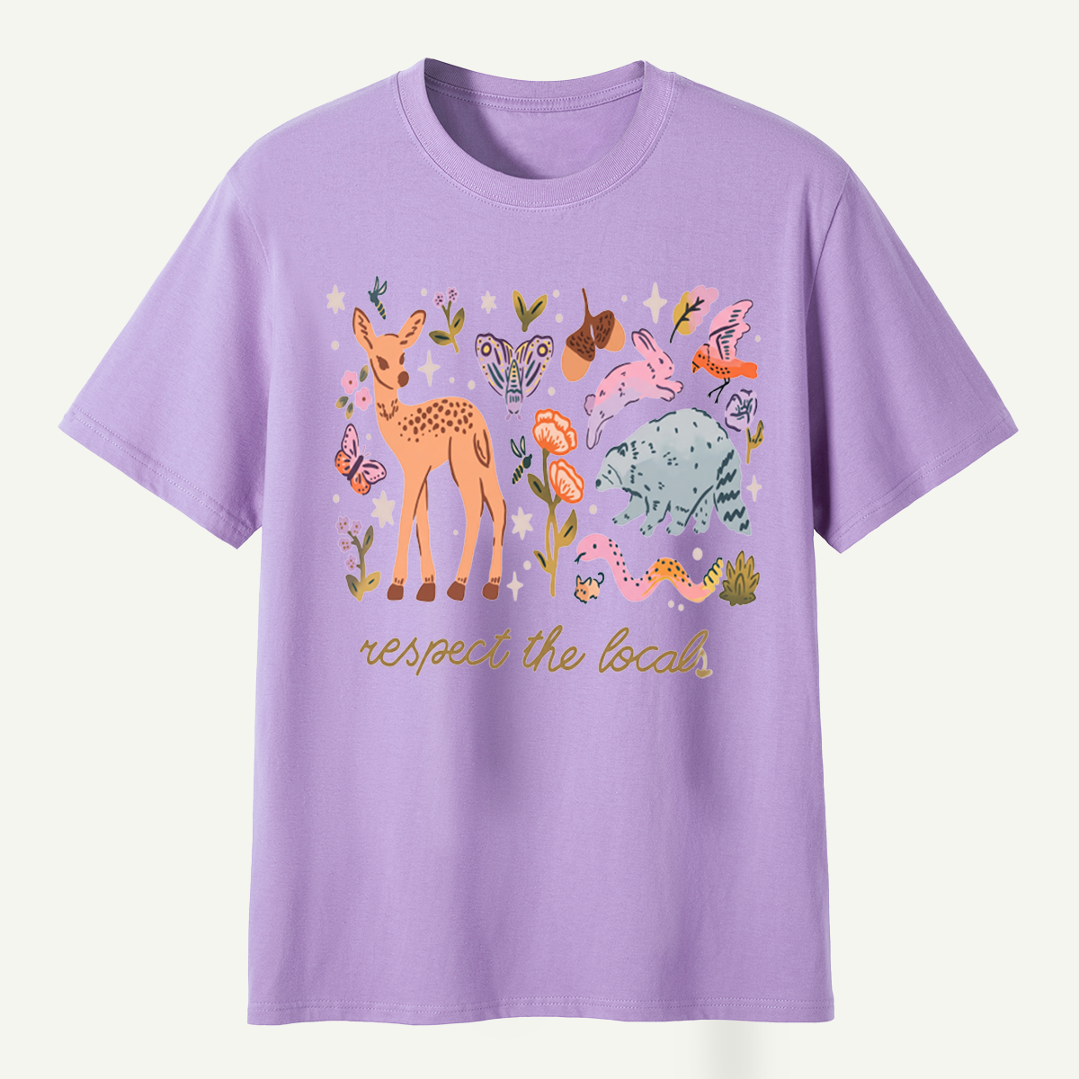 espect The Locals Woodland Wildlife Deer Rabbit Raccoon And Butterfly T-Shirt