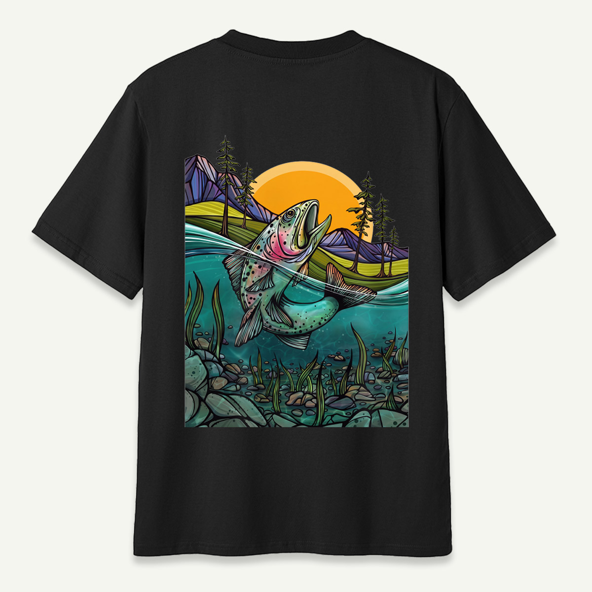 Leaping Trout River Mountain Sunset Landscape T-Shirt