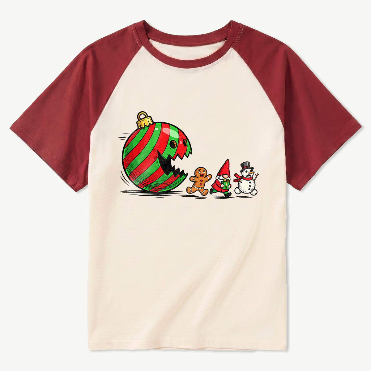 Christmas Ornament Monster Chasing Gingerbread Man Raglan T-Shirt