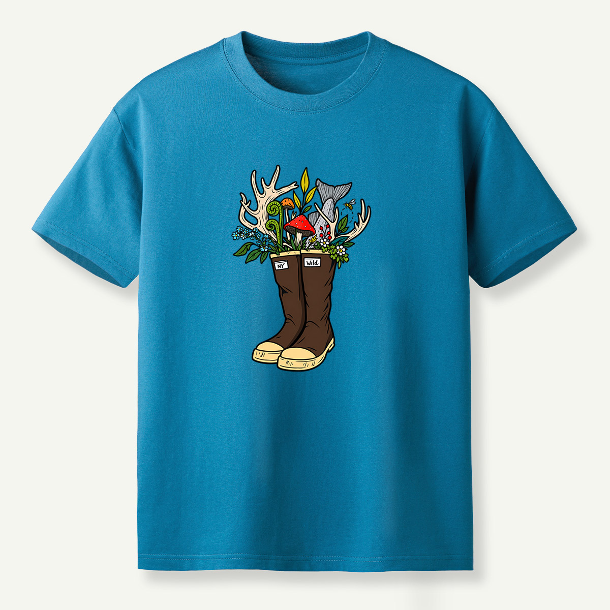 Wild Boots Antlers Mushroom Forest Botanical Arrangement T-Shirt