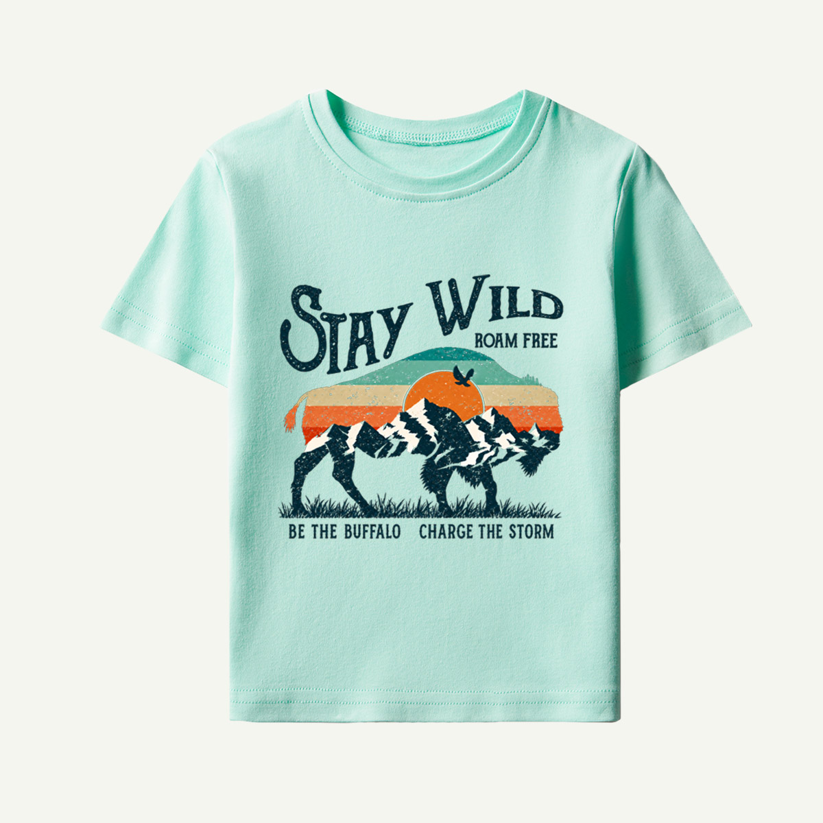 Stay Wild Roam Free Be The Buffalo Charge The Storm Vintage Buffalo Landscape Kids T-Shirt