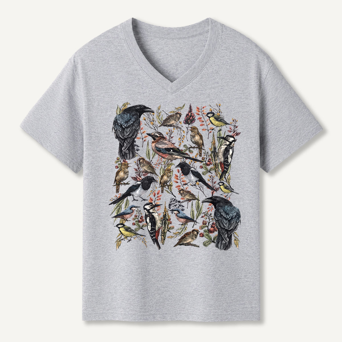 Vintage Wild Birds Botanical V-neck T-Shirt