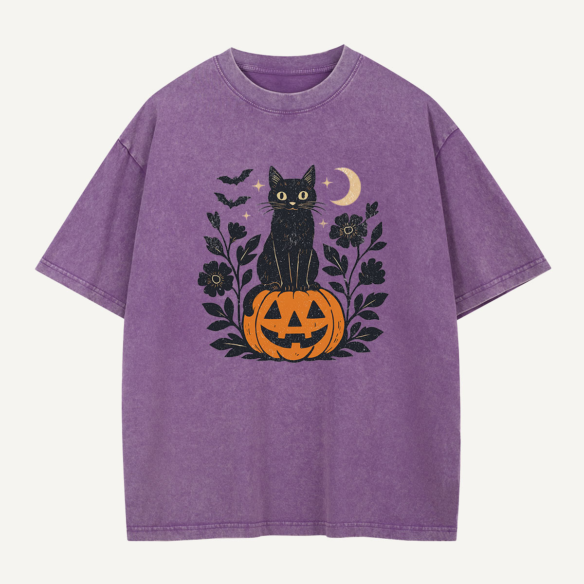 Black Cat on Pumpkin Watch Washed T-Shirt