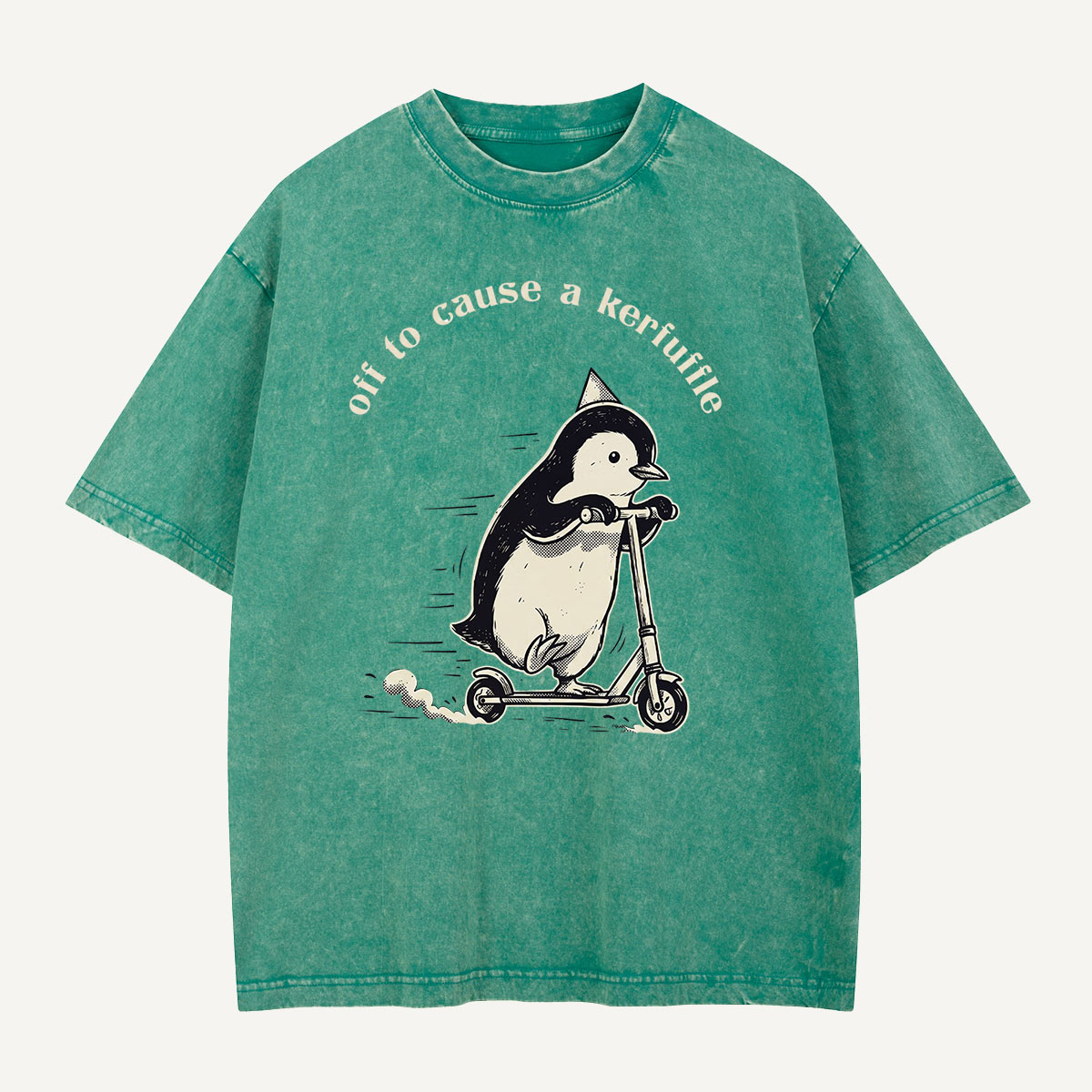 Off To Cause A Kerfuffle Penguin Scooter Washed T-Shirt