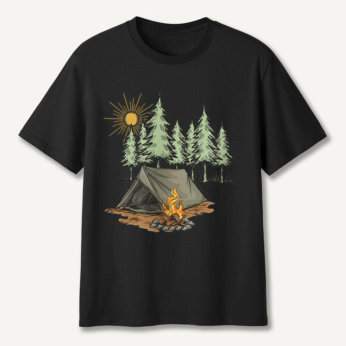 Sunny Forest Tent Campfire Illustration T-Shirt