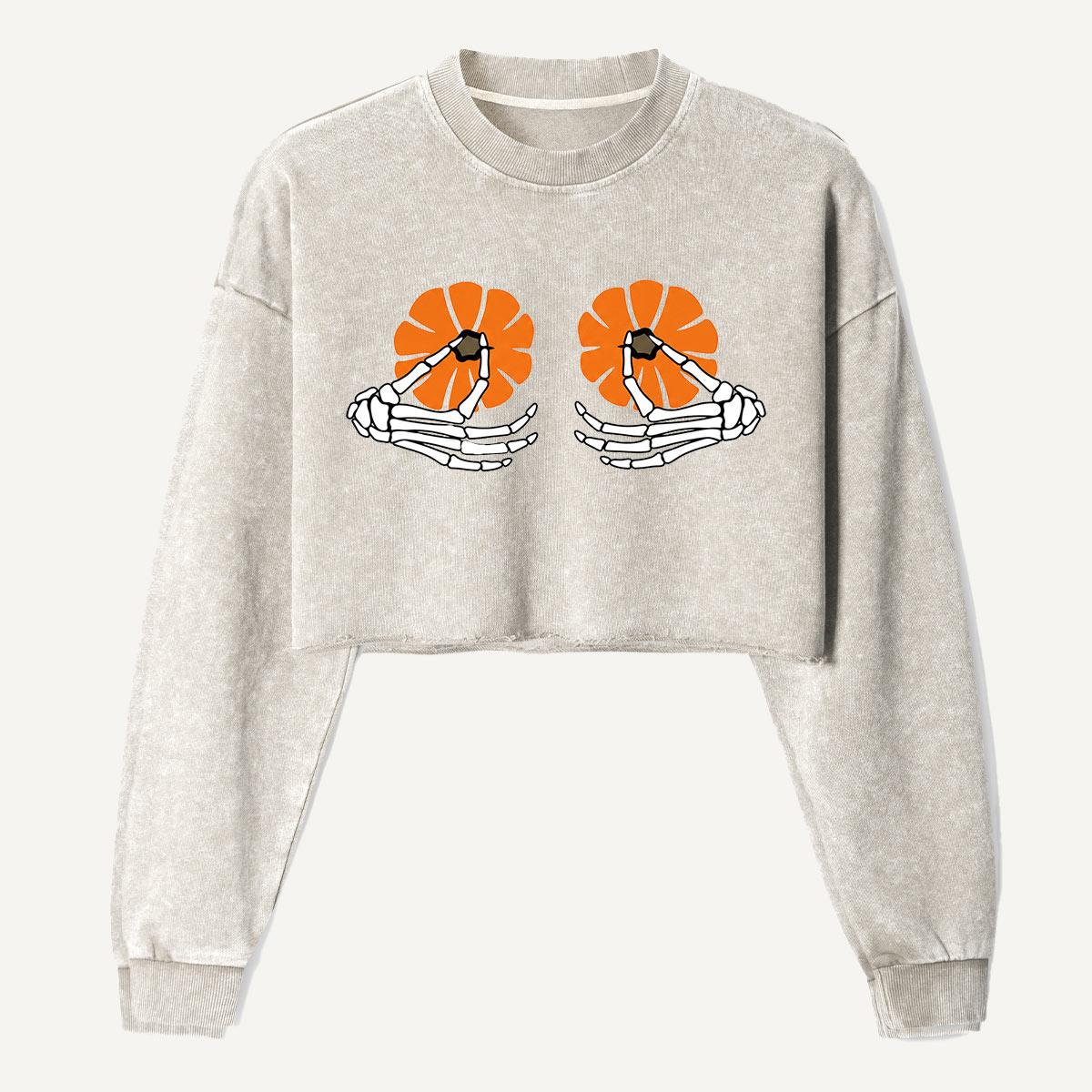 Skeleton Hands Holding Pumpkins Women's Washed Cropped Sweatshirt