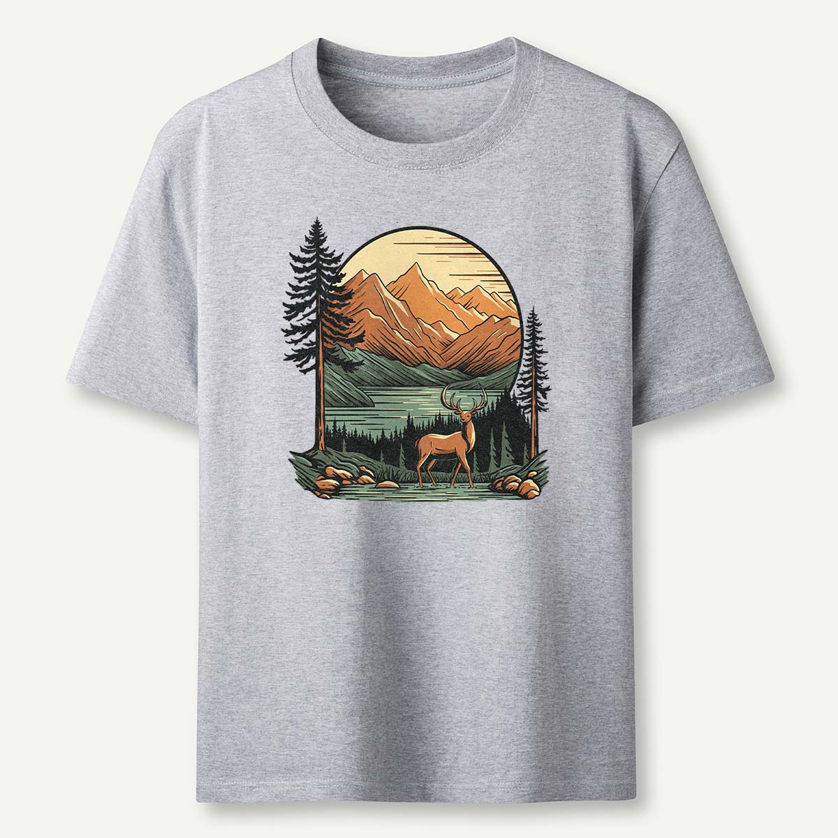 Vintage Mountain Deer Scenic Nature Outdoor T-Shirt
