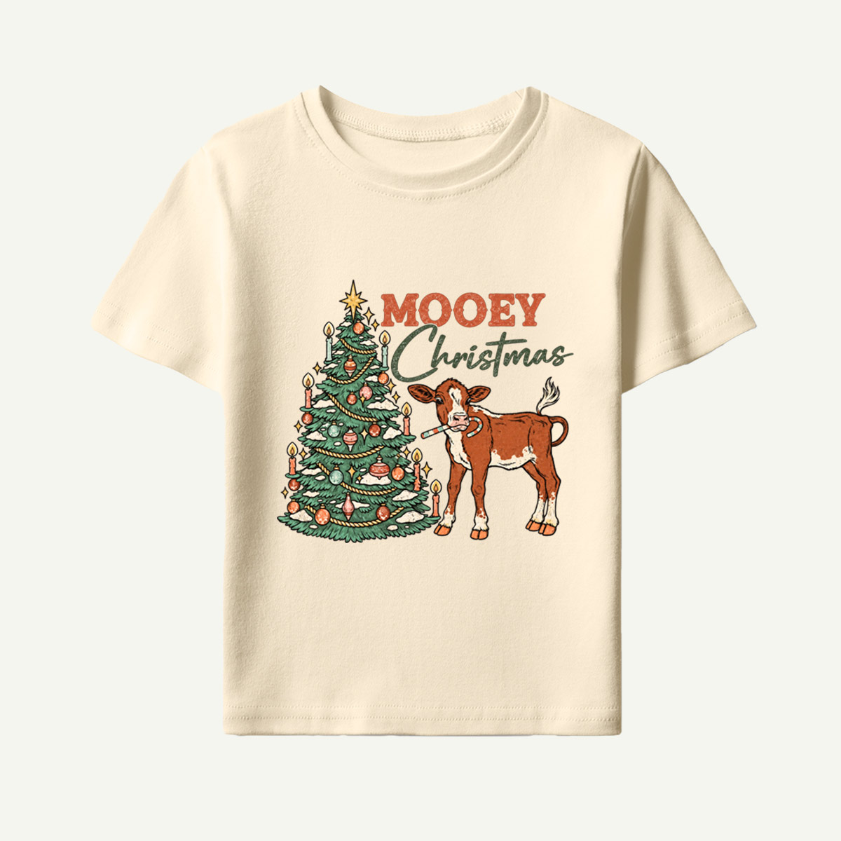 Mooey Christmas Cow Holiday Scene Kids T-Shirt