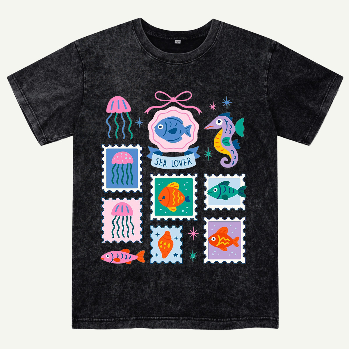 Sea Lover Stamp Ocean Animal Identification Guide Washed T-Shirt