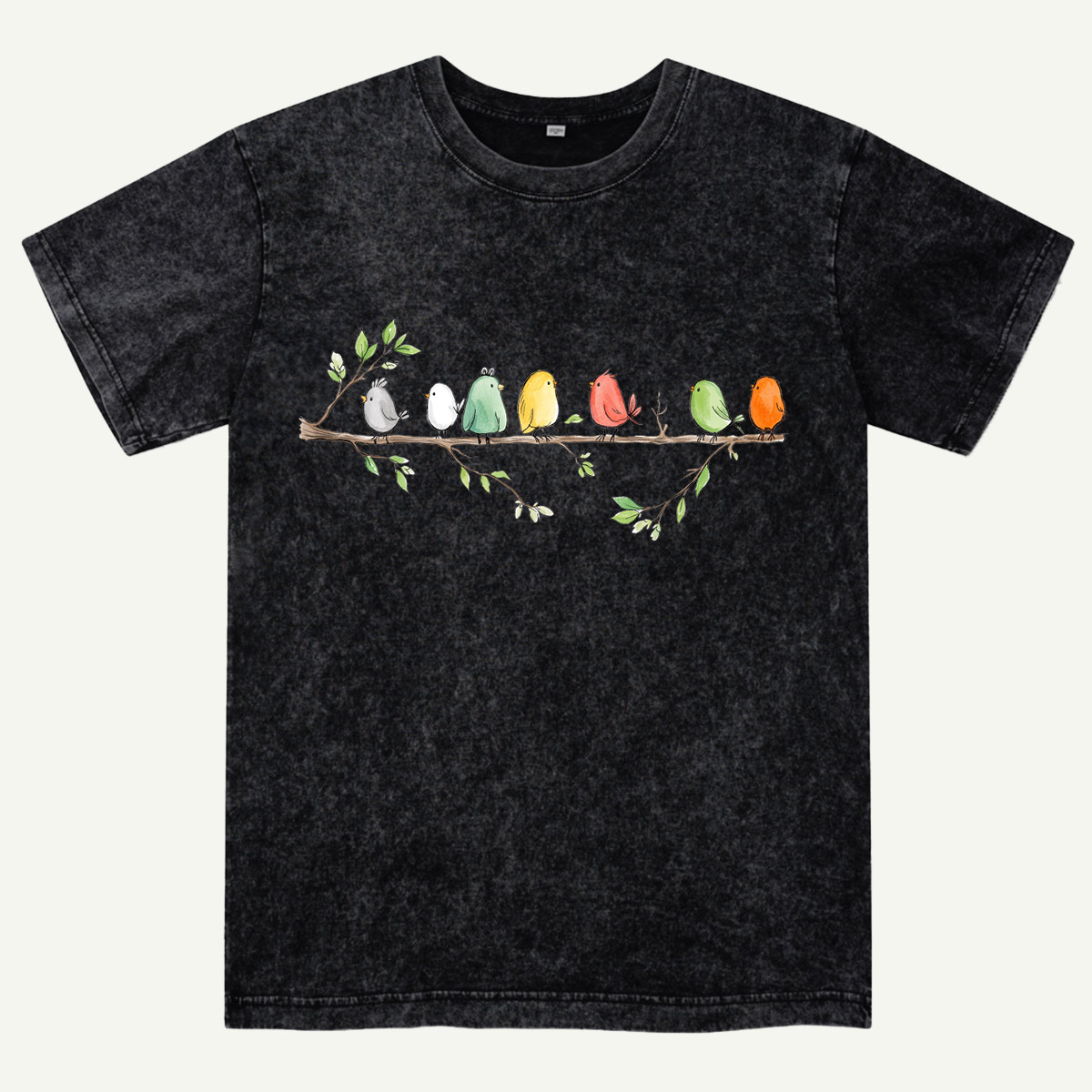 Colorful Songbirds On Branch Washed T-Shirt