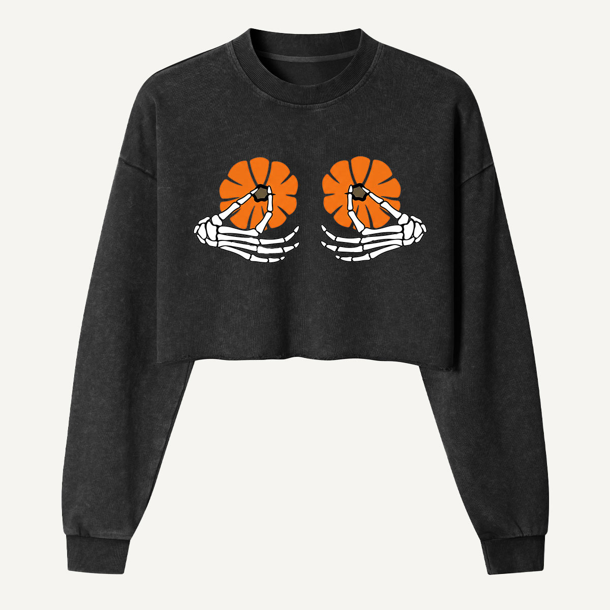 Skeleton Hands Holding Pumpkins Women's Washed Cropped Sweatshirt