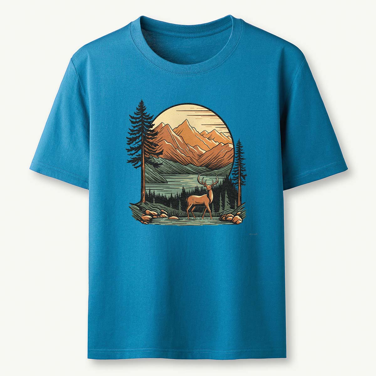 Vintage Mountain Deer Scenic Nature Outdoor T-Shirt