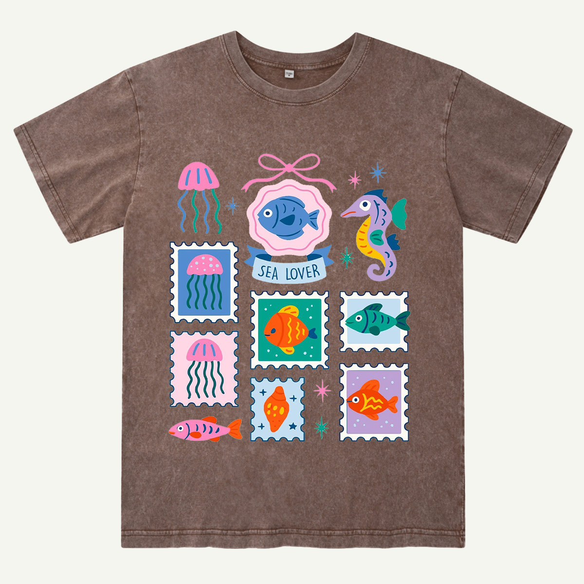 Sea Lover Stamp Ocean Animal Identification Guide Washed T-Shirt