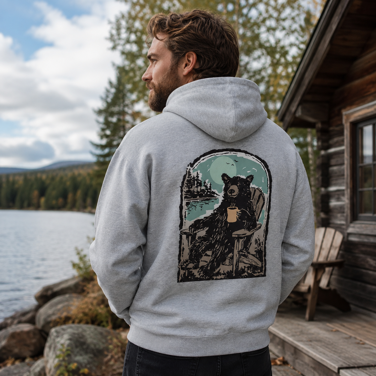 Relaxing Black Bear by the Lake Back Printed Hoodie