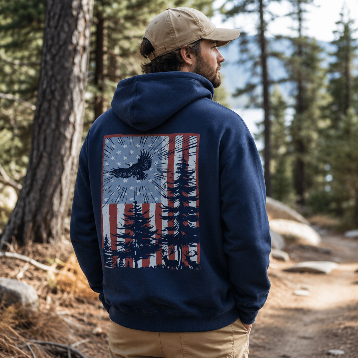 Bald Eagle Forest American Flag Back Printed Hoodie