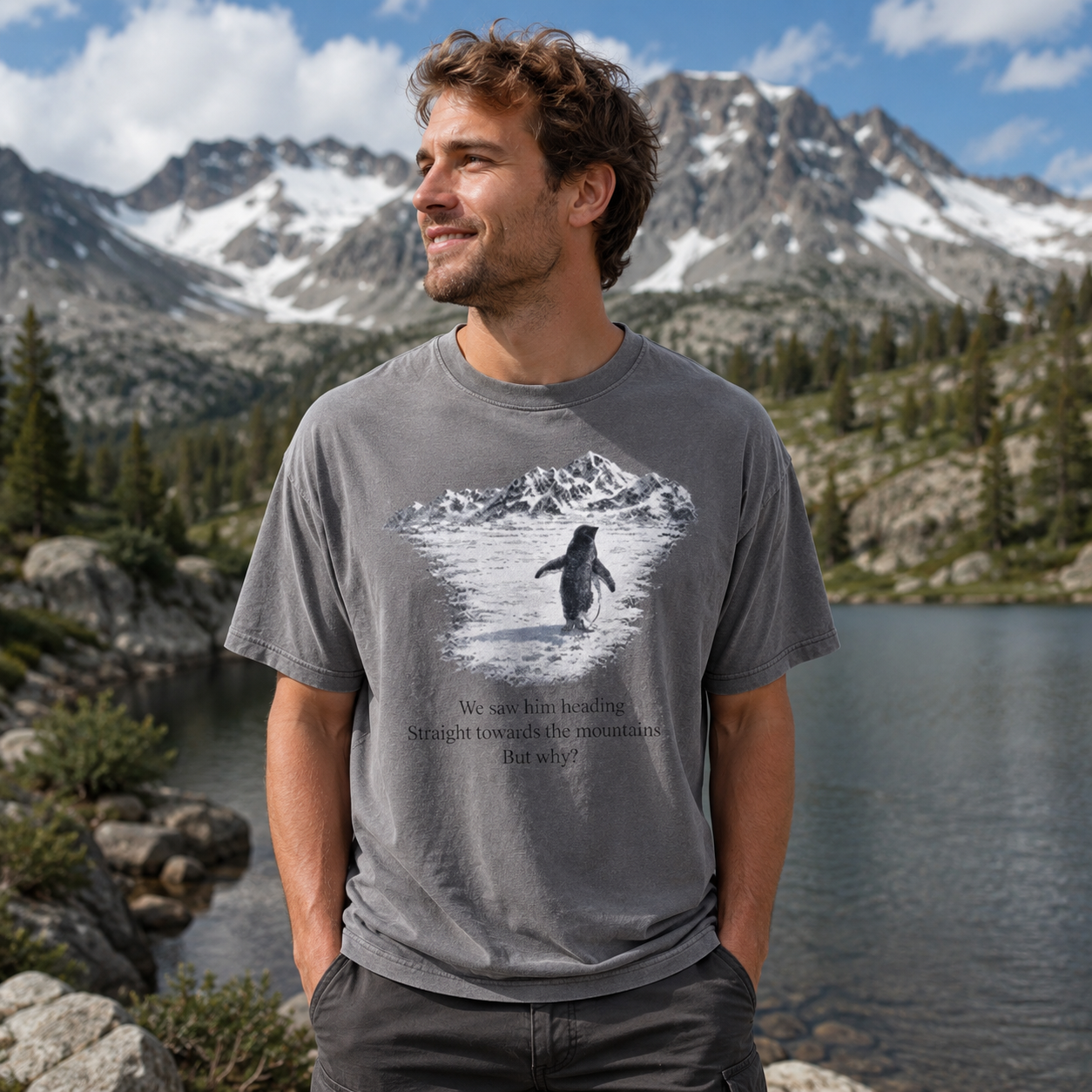 Penguin Heading for the Mountains Washed T-Shirt