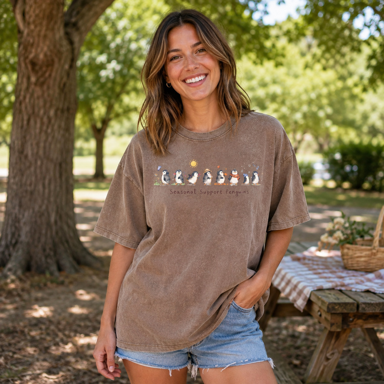 Seasonal Support Penguins Cute Watercolor Illustration Washed T-Shirt