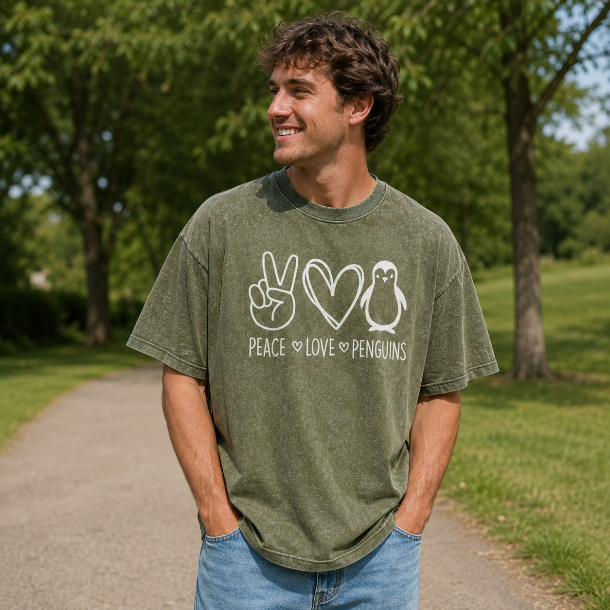 Peace Love Penguins Hand Signs Washed T-Shirt