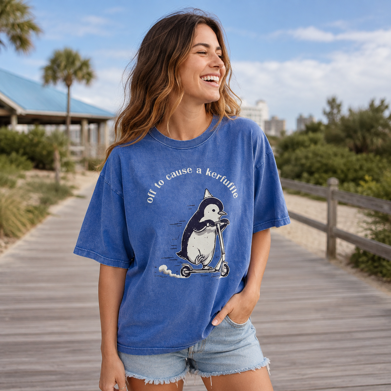 Off To Cause A Kerfuffle Penguin Scooter Washed T-Shirt