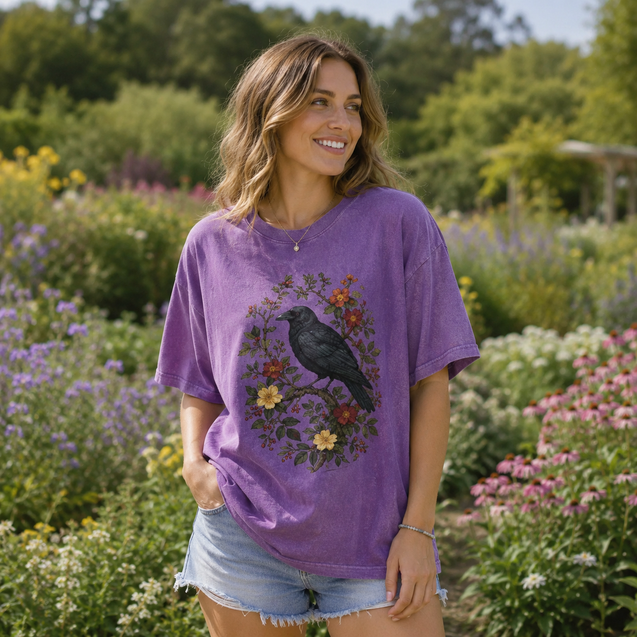 Raven And Wildflowers Botanical Garden Washed T-Shirt